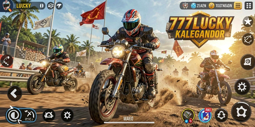 Screenshot dari gameplay <strong>777LUCKY</strong> yang menunjukkan balapan motor yang mendebarkan.