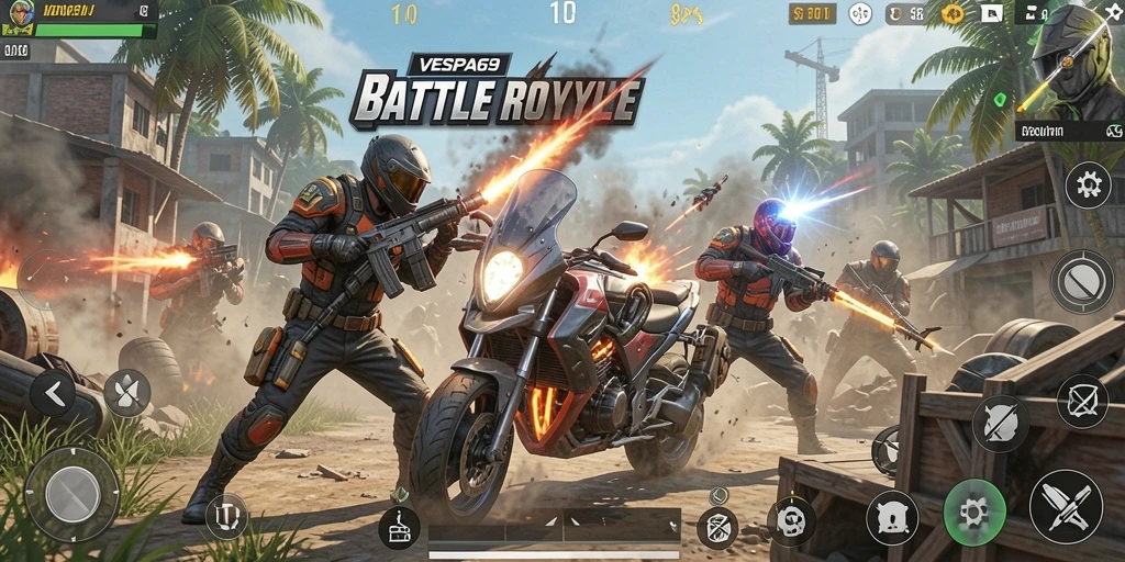 Gameplay menegangkan dalam VESPA69 di arena Battle Royale.